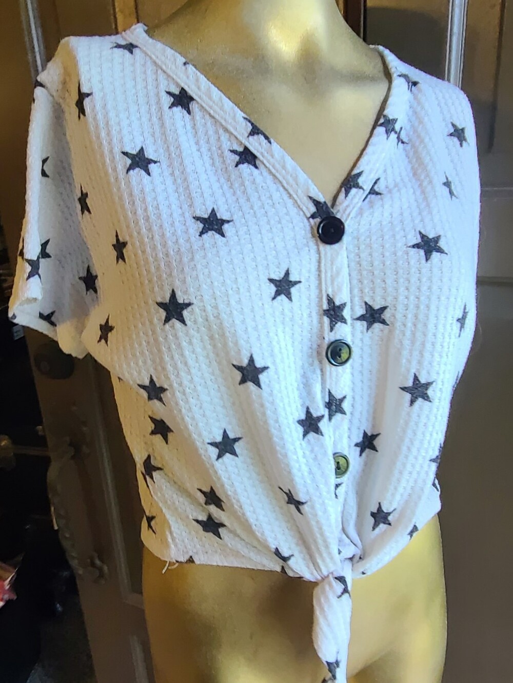 Pinc White Star-Print Waffle Knit Tie-Front Crop Top